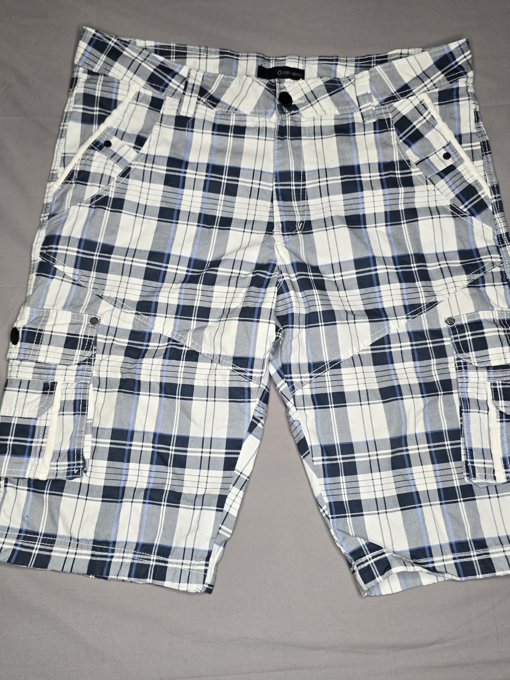 Fried Denim Plaid Cargo Shorts Men's 36 Y2K Baggy Skater Utility Blue White